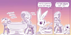 Size: 4000x2000 | Tagged: safe, artist:dilarus, banned from derpibooru, deleted from derpibooru, derpibooru import, angel bunny, fluttershy, starlight glimmer, pegasus, pony, rabbit, meet-the-pones, no second prances, :i, :t, absurd resolution, angel is a bunny bastard, angelshy, animal, annoyed, blushing, carrot, comic, crying, eating, female, food, frown, glare, husbando thief, implied starbunny, implied starlight glimmer, infidelity, interspecies, jealous, love triangle, male, open mouth, raised eyebrow, shipping, sitting, starbunny, stool, straight, table, this will end in divorce