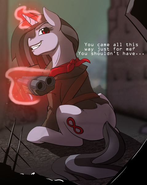 Size: 955x1200 | Tagged: safe, artist:acesential, banned from derpibooru, deleted from derpibooru, derpibooru import, oc, oc:destroyer, unofficial characters only, fallout equestria, female, gun, shotgun, solo, weapon