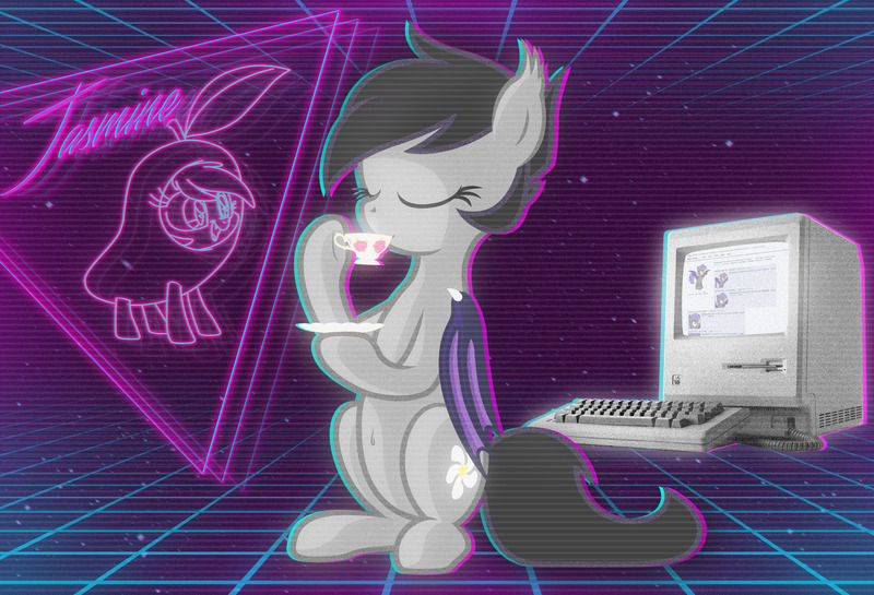 Size: 3671x2500 | Tagged: safe, artist:vito, banned from derpibooru, deleted from derpibooru, derpibooru import, oc, oc:jasmine, unofficial characters only, bat pony, pony, 80s, computer, food, macintosh (computer), solo, tea, vaporwave