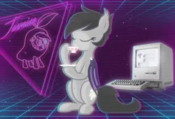 Size: 3671x2500 | Tagged: safe, artist:vito, banned from derpibooru, deleted from derpibooru, derpibooru import, oc, oc:jasmine, unofficial characters only, bat pony, pony, 80s, computer, food, macintosh (computer), solo, tea, vaporwave