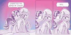 Size: 4000x2000 | Tagged: suggestive, artist:dilarus, banned from derpibooru, deleted from derpibooru, derpibooru import, starlight glimmer, trixie, pony, unicorn, meet-the-pones, no second prances, absurd resolution, bedroom eyes, comic, eye contact, female, frown, innuendo, lesbian, looking at each other, mare, open mouth, raised hoof, shipping, smiling, startrix, wagon, wide eyes