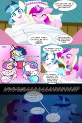 Size: 730x1095 | Tagged: safe, artist:little-tweenframes, banned from derpibooru, deleted from derpibooru, derpibooru import, princess cadance, princess flurry heart, princess skyla, shining armor, oc, oc:prince dusk, alicorn, pony, alicorn oc, babies, baby blanket, comic, crying, crystal sisters, from love comes life, giving birth, horn, offspring, parent:princess cadance, parent:shining armor, parents:shiningcadance, swaddling, triplets, wings