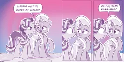 Size: 1280x640 | Tagged: suggestive, artist:dilarus, banned from derpibooru, deleted from derpibooru, derpibooru import, starlight glimmer, trixie, pony, unicorn, meet-the-pones, comic, female, implied cunnilingus, implied oral, implied sex, innuendo, lesbian, mare, shipping, startrix, wagon