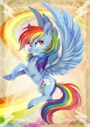 Size: 1024x1443 | Tagged: safe, artist:dvixie, banned from derpibooru, deleted from derpibooru, derpibooru import, part of a set, rainbow dash, pegasus, pony, female, grin, mare, raised hoof, smiling, solo, spread wings, wings