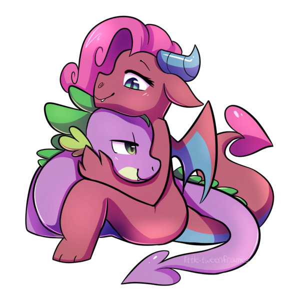 Size: 1000x1000 | Tagged: safe, artist:little-tweenframes, banned from derpibooru, deleted from derpibooru, derpibooru import, mina, spike, dragon, blushing, couple, cuddling, female, floppy ears, hug, lidded eyes, looking down, male, shipping, simple background, sitting, smiling, spina, spread wings, straight, transparent background, wings