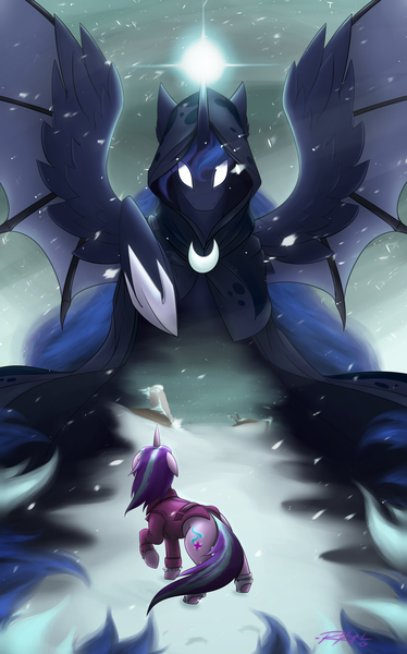 Size: 1600x2570 | Tagged: safe, artist:ryhaal, banned from derpibooru, deleted from derpibooru, derpibooru import, princess luna, snowfall frost, spirit of hearth's warming yet to come, starlight glimmer, alicorn, pony, unicorn, a hearth's warming tail, cloak, clothes, glowing eyes, magic, snow, snowfall, spread wings, wings