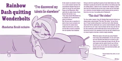 Size: 4000x2000 | Tagged: safe, artist:dilarus, banned from derpibooru, deleted from derpibooru, derpibooru import, rainbow dash, newbie dash, the saddle row review, absurd resolution, chair, cup, drink, faic, interview, monochrome, not clothes, parody, scene parody, sketch, smug, smugdash, solo, text
