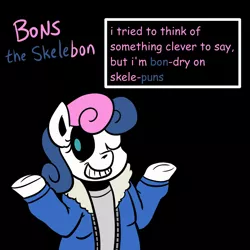 Size: 750x750 | Tagged: safe, artist:atlur, banned from derpibooru, deleted from derpibooru, derpibooru import, bon bon, bonafied, bonpun, comic sans, crossover, grin, one eye closed, pun, sans (undertale), smiling, solo, undertale, wink