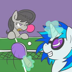 Size: 800x800 | Tagged: safe, artist:atlur, banned from derpibooru, deleted from derpibooru, derpibooru import, octavia melody, vinyl scratch, octavia is not amused, ping pong, table tennis, unamused