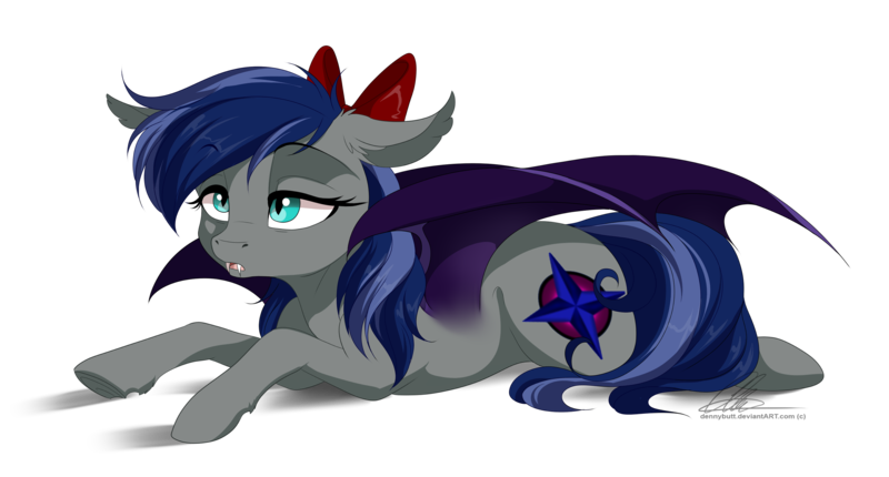 Size: 2697x1449 | Tagged: safe, artist:dvixie, banned from derpibooru, deleted from derpibooru, derpibooru import, oc, oc:blue horizon, unofficial characters only, bat pony, pony, bow, fangs, female, hair bow, lying down, mare, sleepy, solo