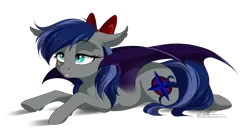 Size: 2697x1449 | Tagged: safe, artist:dvixie, banned from derpibooru, deleted from derpibooru, derpibooru import, oc, oc:blue horizon, unofficial characters only, bat pony, pony, bow, fangs, female, hair bow, lying down, mare, sleepy, solo