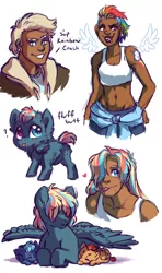 Size: 768x1300 | Tagged: safe, artist:lopoddity, banned from derpibooru, deleted from derpibooru, derpibooru import, dumbbell, rainbow dash, oc, oc:aerostorm, oc:ember, oc:misty, human, pegasus, pony, pandoraverse, butt, clothes, colt, cute, cutie mark, dark skin, dumbdash, ear fluff, ear piercing, eyes closed, female, filly, fluffy, folded wings, gritted teeth, hair over eyes, heart, heterochromia, humanized, lip piercing, looking at you, looking back, looking back at you, male, midriff, next generation, offspring, open mouth, parent:dumbbell, parent:rainbow dash, parents:dumbdash, piercing, plot, prone, shipping, sleeping, smiling, spread wings, straight, tanktop, tongue out, tongue piercing, wings