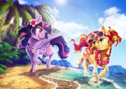 Size: 1023x726 | Tagged: safe, artist:dvixie, banned from derpibooru, deleted from derpibooru, derpibooru import, sunset shimmer, twilight sparkle, twilight sparkle (alicorn), alicorn, bird, pony, unicorn, :p, beach, bracelet, crepuscular rays, cute, duo, duo female, female, flower, flower in hair, image, island, jewelry, lesbian, necklace, ocean, open mouth, palm tree, png, running, shimmerbetes, shipping, signature, smiling, sunglasses, sunsetsparkle, tongue out, tree, twiabetes