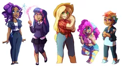 Size: 1280x698 | Tagged: safe, artist:lopoddity, banned from derpibooru, deleted from derpibooru, derpibooru import, applejack, pinkie pie, rainbow dash, rarity, twilight sparkle, human, chocolarity, chubby, clothes, dark skin, diversity, ear piercing, earring, freckles, horn wand, humanized, jacket, jewelry, line-up, midriff, piercing, short shirt, simple background, sweater, wand, white background, winged shoes