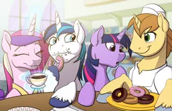 Size: 1920x1242 | Tagged: safe, artist:acesential, banned from derpibooru, deleted from derpibooru, derpibooru import, donut joe, princess cadance, shining armor, twilight sparkle, alicorn, pony, unicorn, brother and sister, coffee, crumbs, donut, eating, female, food, magic, male, plate, siblings, smiling