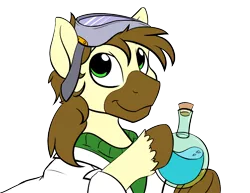 Size: 1200x927 | Tagged: safe, artist:acesential, banned from derpibooru, deleted from derpibooru, derpibooru import, oc, oc:calpain, unofficial characters only, clothes, flask, goggles, lab coat, potion, science, sweater