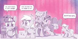 Size: 4000x2000 | Tagged: safe, artist:dilarus, banned from derpibooru, deleted from derpibooru, derpibooru import, edit, chirpy hooves, pinkie pie, twilight sparkle, twilight sparkle (alicorn), alicorn, pony, meet-the-pones, comic, dialogue, fimfiction, parody, parody of a parody, vulgar