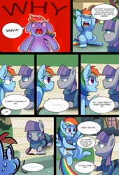 Size: 737x1083 | Tagged: safe, artist:little-tweenframes, banned from derpibooru, deleted from derpibooru, derpibooru import, maud pie, rainbow dash, comic:readers of the last copy, book, comic, commission, reality ensues, this will end in lawsuits