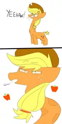 Size: 900x1800 | Tagged: safe, artist:input-command, banned from derpibooru, deleted from derpibooru, derpibooru import, applejack, giraffe, apple, comic, food, ossicones, solo, tall horse, wat, whispering, yeehaw