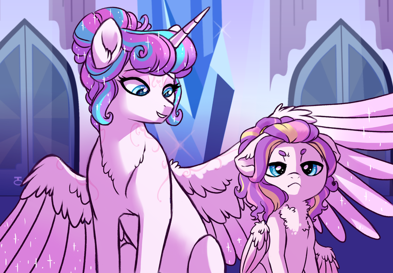 Size: 1280x890 | Tagged: safe, artist:lopoddity, banned from derpibooru, deleted from derpibooru, derpibooru import, princess flurry heart, princess skyla, pegasus, pony, pandoraverse, chest fluff, crystal sisters, ear fluff, female, floppy ears, next generation, offspring, older, parent:princess cadance, parent:shining armor, parents:shiningcadance, ruffled feathers, siblings, sisters