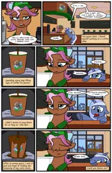 Size: 699x1080 | Tagged: safe, artist:acesential, banned from derpibooru, deleted from derpibooru, derpibooru import, oc, oc:bowtie, oc:sad horn, unofficial characters only, pony, unicorn, comic:new beginnings, coffee, comic, convention, pokémon, pokémon go, ponycon, ponycon nyc