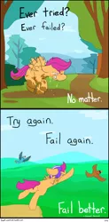 Size: 900x1833 | Tagged: safe, artist:input-command, banned from derpibooru, deleted from derpibooru, derpibooru import, scootaloo, bird, crying, inspirational, quote, redraw, sad, solo