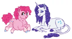 Size: 1280x698 | Tagged: safe, artist:lopoddity, banned from derpibooru, deleted from derpibooru, derpibooru import, pinkie pie, rarity, classical unicorn, earth pony, pony, shetland pony, unicorn, alternate hairstyle, chubby, cloven hooves, colored hooves, duo, extra fluffy, fluffy, leonine tail, pronking, ringlets, socks (coat marking), unshorn fetlocks