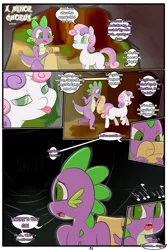 Size: 2000x3000 | Tagged: safe, artist:saurian, banned from derpibooru, deleted from derpibooru, derpibooru import, spike, sweetie belle, comic:a minor chorus, :p, cave, comic, dialogue, explicit source, silly, stupid sexy spike, thighs, tongue out