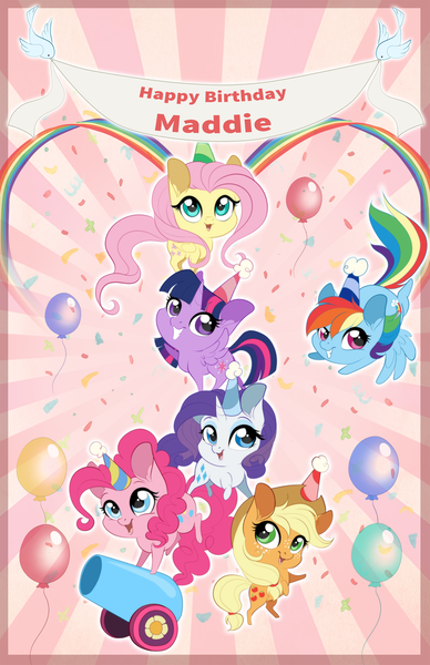 Size: 600x927 | Tagged: safe, artist:dvixie, banned from derpibooru, deleted from derpibooru, derpibooru import, applejack, fluttershy, pinkie pie, rainbow dash, rarity, twilight sparkle, twilight sparkle (alicorn), alicorn, pony, chibi, cute, dashabetes, diapinkes, happy birthday, jackabetes, mane six, party cannon, raribetes, shyabetes, twiabetes