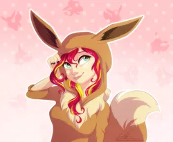 Size: 1525x1250 | Tagged: safe, artist:dvixie, banned from derpibooru, deleted from derpibooru, derpibooru import, sunset shimmer, eevee, human, equestria girls, breasts, clothes, costume, cute, female, hoodie, humanized, kigurumi, nintendo, pokémon, shimmerbetes, signature, solo