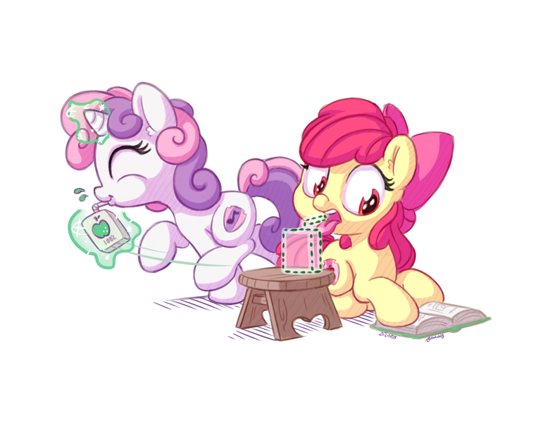 Size: 1400x1100 | Tagged: safe, artist:bobdude0, artist:dilarus, banned from derpibooru, deleted from derpibooru, derpibooru import, apple bloom, sweetie belle, earth pony, pony, unicorn, book, collaboration, cute, cutie mark, duo, female, filly, juice, juice box, magic, stealing, sweetie belle's magic brings a great big smile, the cmc's cutie marks, yoink