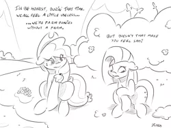 Size: 4000x3000 | Tagged: safe, artist:dilarus, banned from derpibooru, deleted from derpibooru, derpibooru import, applejack, pinkie pie, comic:sugarcube, black and white, bow, comic, grayscale, monochrome, pinkamena diane pie, tail bow