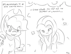 Size: 4000x3000 | Tagged: safe, artist:dilarus, banned from derpibooru, deleted from derpibooru, derpibooru import, applejack, pinkie pie, earth pony, pony, comic:sugarcube, black and white, bow, comic, cute, dialogue, diapinkes, female, grayscale, mare, monochrome, pinkamena diane pie, sitting, tail bow