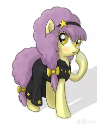 Size: 2185x2837 | Tagged: safe, artist:jh, banned from derpibooru, deleted from derpibooru, derpibooru import, ponified, earth pony, pony, blushing, bow, clothes, dress, female, hair bow, headband, maple town story: palm town chapter, mare, raised hoof, simple background, solo, sue, tail bow, white background