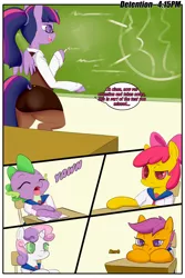 Size: 2000x3000 | Tagged: safe, artist:saurian, banned from derpibooru, deleted from derpibooru, derpibooru import, apple bloom, scootaloo, spike, sweetie belle, twilight sparkle, twilight sparkle (alicorn), alicorn, pony, semi-anthro, comic:punishment, alternate hairstyle, bipedal, bored, bow, butt, classroom, clothes, comic, crossdressing, cutie mark crusaders, dock, eyes closed, femboy, femboy spike, girly, glasses, grammar error, hair bow, image, male, miniskirt, pantyhose, plot, png, ponytail, school uniform, schoolgirl, skirt, unamused, yawn