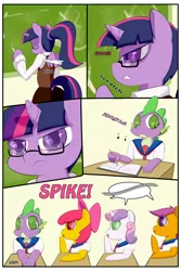 Size: 2000x3000 | Tagged: safe, artist:saurian, banned from derpibooru, deleted from derpibooru, derpibooru import, apple bloom, scootaloo, spike, sweetie belle, twilight sparkle, twilight sparkle (alicorn), alicorn, pony, semi-anthro, comic:punishment, alternate hairstyle, bipedal, classroom, clothes, comic, crossdressing, cutie mark crusaders, drawing, eyes closed, femboy, femboy spike, girly, glasses, image, male, paper airplane, png, ponytail, recycle bin, school uniform, schoolgirl, sketch, skirt, tongue out, unamused