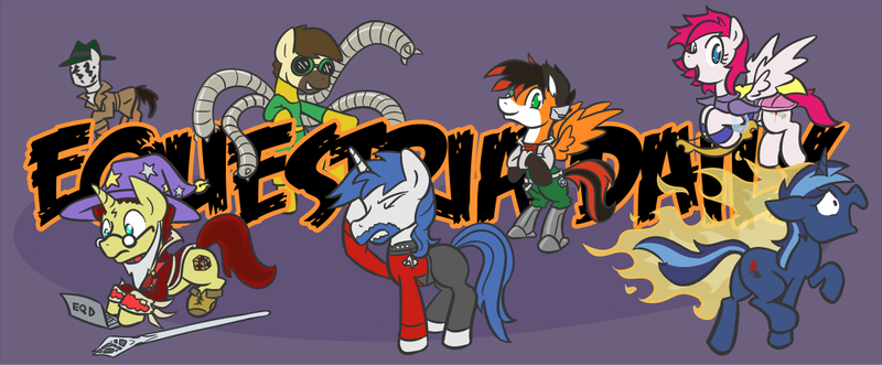 Size: 1000x414 | Tagged: safe, artist:atlur, banned from derpibooru, deleted from derpibooru, derpibooru import, oc, oc:calpain, oc:cereal velocity, oc:phoe, unofficial characters only, equestria daily, banner, calpain, clothes, costume, earthbound, final fantasy, fire, halloween, holiday, pk, pun, sethisto, star fox, star trek, tekaramity, watchmen, william riker, wizard, xyro