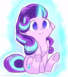 Size: 1083x1215 | Tagged: safe, artist:hiccupsdoesart, banned from derpibooru, deleted from derpibooru, derpibooru import, starlight glimmer, pony, unicorn, chest fluff, chibi, cute, female, glimmerbetes, glowing horn, horn, magic, mare, sitting, smiling, solo, telekinesis, underhoof