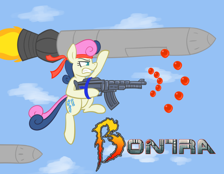 Size: 800x622 | Tagged: safe, artist:atlur, banned from derpibooru, deleted from derpibooru, derpibooru import, bon bon, sweetie drops, ball bullets, bonafied, bonpun, contra, crossover, gun, machine gun, pun, solo, weapon