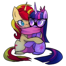 Size: 1000x1000 | Tagged: safe, artist:little-tweenframes, banned from derpibooru, deleted from derpibooru, derpibooru import, sci-twi, sunset shimmer, twilight sparkle, ponified, pony, series:sciset diary, blushing, clothes, cuddling, cute, female, glasses, lesbian, scarf, scitwishimmer, shared clothing, shared scarf, shimmerbetes, shipping, simple background, snuggling, sunsetsparkle, transparent background, twiabetes