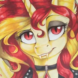 Size: 400x400 | Tagged: safe, artist:dvixie, banned from derpibooru, deleted from derpibooru, derpibooru import, sunset shimmer, pony, vampire, vampony, bust, close-up, collar, eyeshadow, fangs, jewelry, looking at you, makeup, pendant, portrait, raised eyebrow, red eyes, solo, traditional art, vampirism
