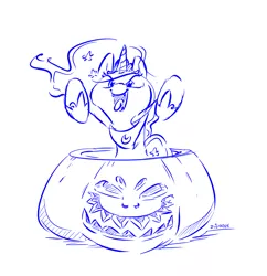 Size: 2304x2376 | Tagged: safe, artist:dilarus, banned from derpibooru, deleted from derpibooru, derpibooru import, princess luna, 2spooky, crown, cute, cute little fangs, fangs, food, halloween, holiday, horseshoes, jack-o-lantern, jewelry, monochrome, necklace, nightmare night, pumpkin, regalia, simple background, solo, tongue out, white background