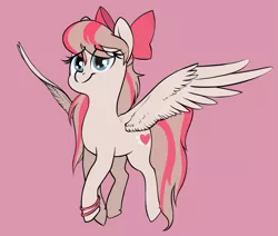 Size: 943x800 | Tagged: safe, artist:sand-filled-scarecrow, banned from derpibooru, deleted from derpibooru, derpibooru import, angel wings, pegasus, pony, top bolt, bow, bracelet, cute, flying, hair bow, jewelry, pink background, simple background, smiling, solo, spread wings, wings