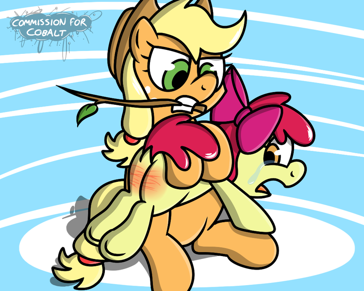 Size: 1000x800 | Tagged: safe, artist:pokefound, banned from derpibooru, deleted from derpibooru, derpibooru import, apple bloom, applejack, pony, abuse, bow, butt, cowboy hat, crying, dock, female, filly, hair bow, hat, mouth hold, open mouth, plot, punishment, siblings, sisters, sitting, spanking, stetson, stick, switch, tears of pain, whip marks