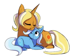 Size: 948x718 | Tagged: safe, artist:little-tweenframes, banned from derpibooru, deleted from derpibooru, derpibooru import, idw, sunflower spectacle, trixie, pony, unicorn, spoiler:comic, spoiler:comic40, cute, diatrixes, eyes closed, female, filly, filly trixie, looking up, mare, mother and child, mother and daughter, nuzzling, one eye closed, prone, simple background, sketch, smiling, transparent background, younger