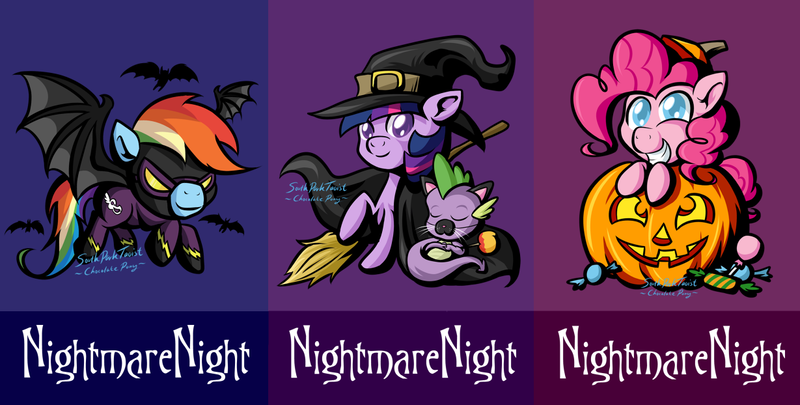 Size: 1229x622 | Tagged: safe, artist:southparktaoist, banned from derpibooru, deleted from derpibooru, derpibooru import, pinkie pie, rainbow dash, spike, twilight sparkle, twilight sparkle (alicorn), alicorn, bat, pony, bat wings, broom, candy, clothes, costume, food, grin, halloween, hat, holiday, jack-o-lantern, nightmare night, nightmare night costume, pumpkin, shadowbolt dash, shadowbolts costume, smiling, wings, witch hat
