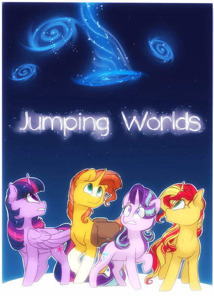 Size: 1699x2348 | Tagged: safe, artist:hiccupsdoesart, banned from derpibooru, deleted from derpibooru, derpibooru import, starlight glimmer, sunburst, sunset shimmer, twilight sparkle, twilight sparkle (alicorn), alicorn, pony, unicorn, bag, comic cover, counterparts, female, looking up, male, mare, open mouth, raised hoof, saddle bag, stallion, twilight's counterparts