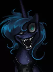 Size: 900x1227 | Tagged: grimdark, artist:lopoddity, banned from derpibooru, deleted from derpibooru, derpibooru import, princess luna, alicorn, pony, black background, creepy, creepy smile, dark background, drool, fangs, jesus christ how horrifying, looking at you, nightmare fuel, open mouth, s1 luna, sharp teeth, shrunken pupils, simple background, slit eyes, smiling, solo, teeth, wide eyes