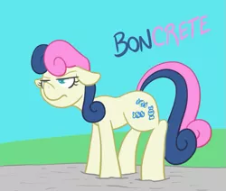 Size: 675x573 | Tagged: safe, artist:atlur, banned from derpibooru, deleted from derpibooru, derpibooru import, bon bon, sweetie drops, bonafied, bon bon is not amused, bonpun, concrete, floppy ears, lidded eyes, pun, solo, stuck, unamused