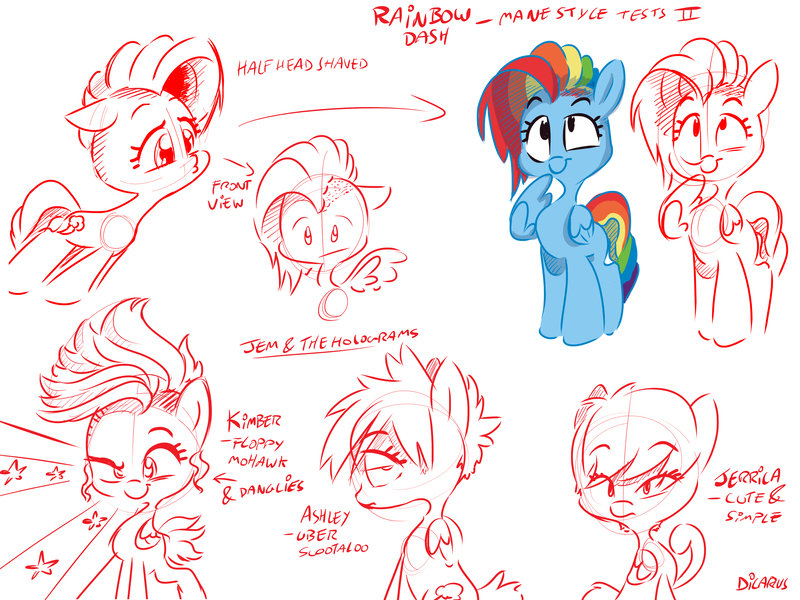 Size: 4000x3000 | Tagged: safe, artist:dilarus, banned from derpibooru, deleted from derpibooru, derpibooru import, rainbow dash, ponified, pony, alternate hairstyle, ashley larsen, jem and the holograms, jerrica benton, kimber benton, sketch, sketch dump